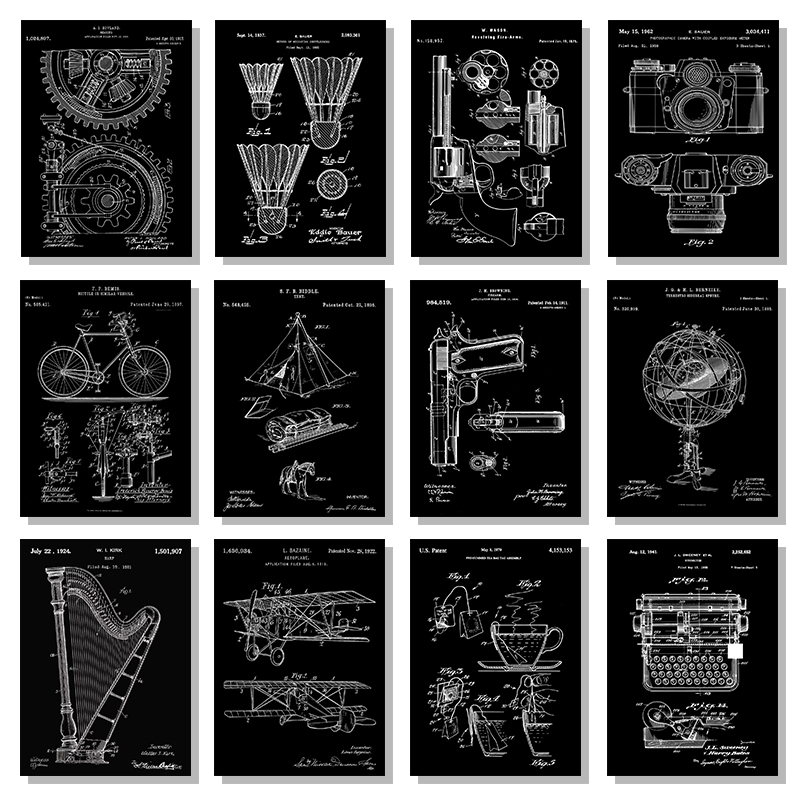 Sports Equipment Drawing - Affiche brevetée noir et blanc, Instruments